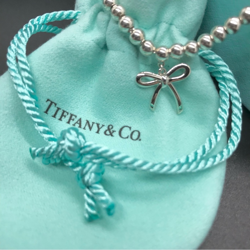 Tiffany & Co Dainty Beaded Bracelet, mini-bow, 7” Sterling Silver